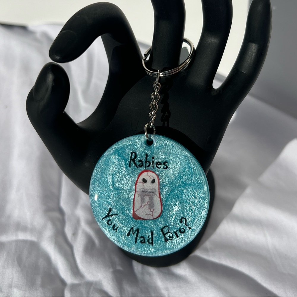 Handmade Rabies “You Mad Bro?” Keychain Light Blue